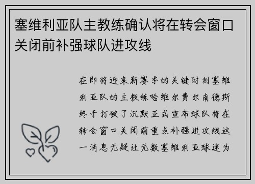 塞维利亚队主教练确认将在转会窗口关闭前补强球队进攻线